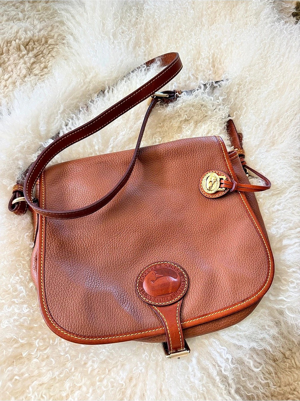 Vintage Dooney & Bourke All-Weather Leather Saddle Bag Brown & Red_Like New